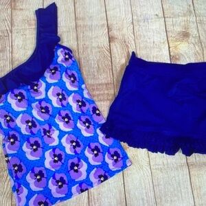 Blue Floral Tankini Top and Navy Swim Skirt Set